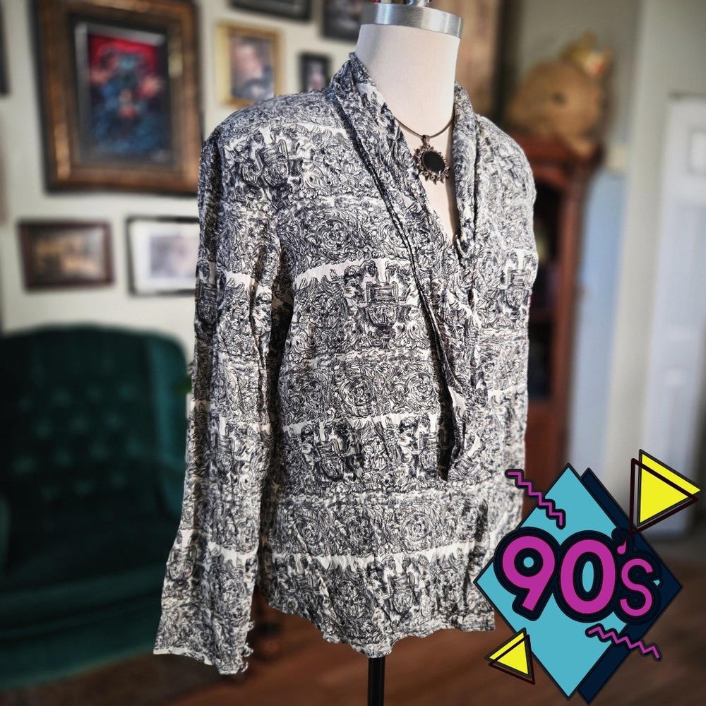 Vintage 90s YL by Yair Silk Toile Print Blouse Draped Scarf Neck Baroque Top